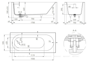 ORNELLA  Kit 170 встраиваемая ванна Размеры: 1700 х 750 х 590/610 мм, S-Stone (Solix), Тип покрытия:Матовое 102421M