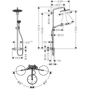 26890990 HG  Croma Select S Showerpipe 250 1jet с термостатом и ручным душем Raindance Select S 120 3jet. полированное золото