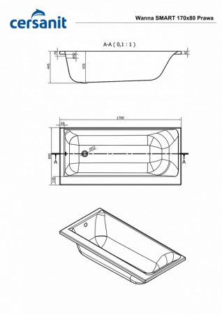 SMART 170*80 ванна (Правая)с ножками, белый, Сорт 1, белый